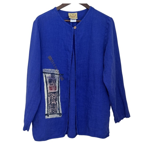 vintage Jackets & Blazers - Vtg Blue Cactus Cotton Hand Painted Jacket One Button Lagenlook  Artsy Large